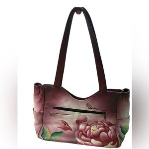 Anna signed Pink and Green Floral hand painted leather Shoulder Bag